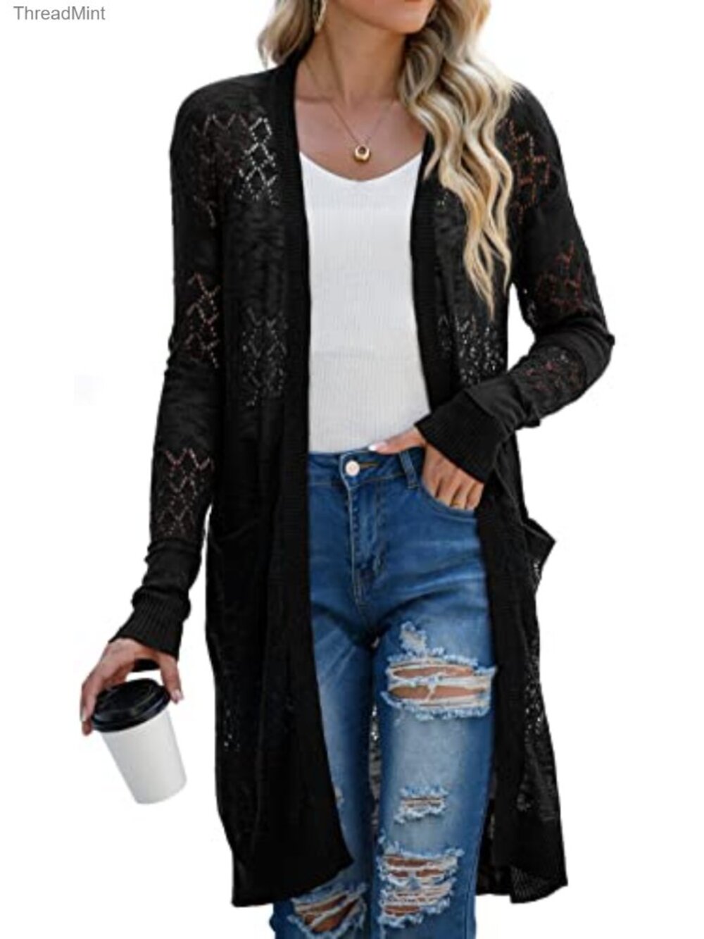 Lightweight Crochet Knit Long Cardigan Open Front Sweater Beach Coverup